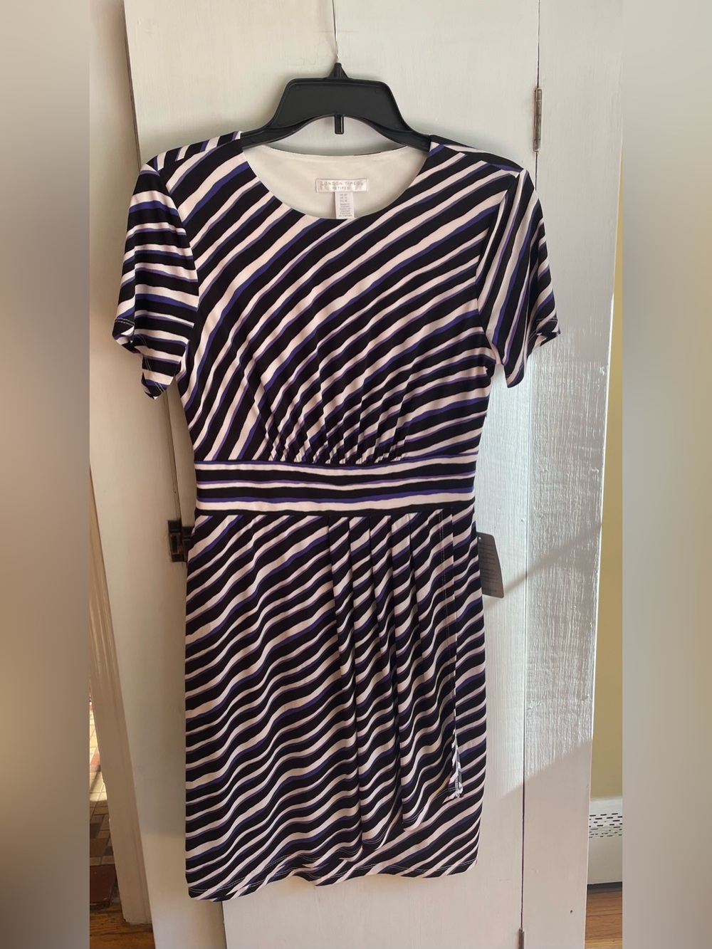 London Times NWT 6P Techno Stripe Jersey Dress Black White Purple Short Sleeve